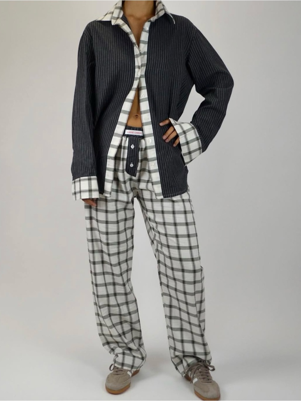 NWT Hand Over Ex-Boyfriend Shirt in Wool Grey Stripe Plaid Mixed Print Top